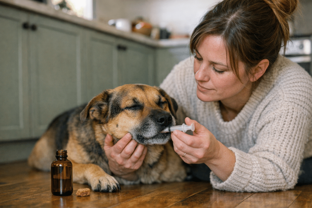 Pet owner gently giving her dog a compounded liquid medication with an oral syringe at home